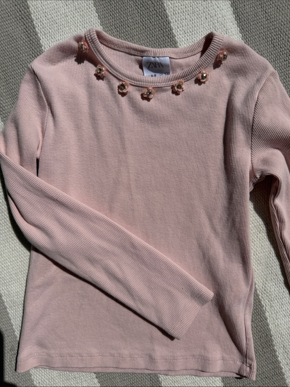 Zara Light Pink Crewneck Sweater with Bead Flower Trim
